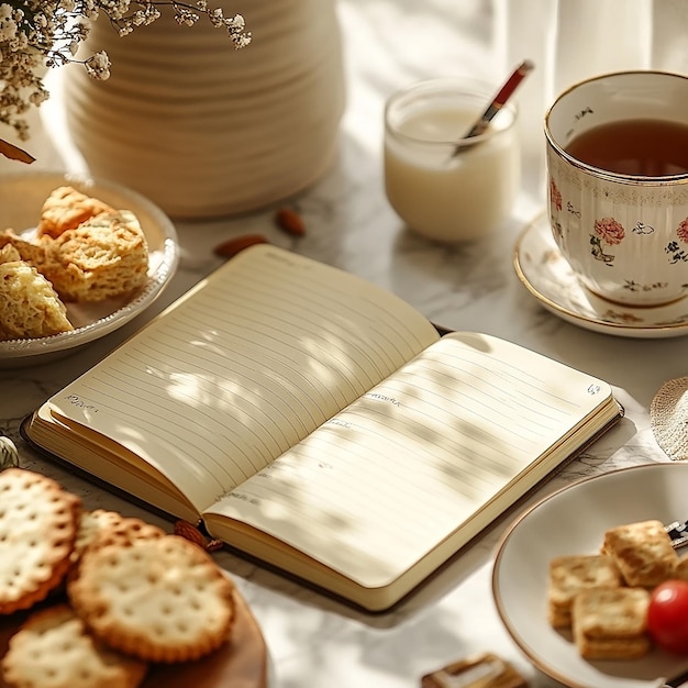 Książka kucharska i filiżanka herbaty